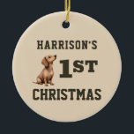 Dachshund Puppy Heart melting First Christmas Ceramic Tree Decoration<br><div class="desc">A adorable watercolor dachshund puppy and snowman makes these custom first Christmas ornaments a heart warming keepsake gift. Easily customise to make a special gift this Christmas.</div>