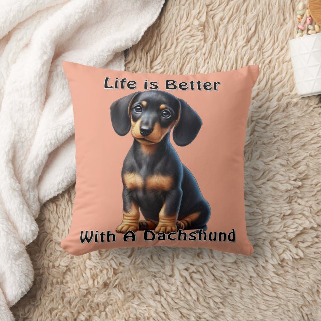 Dachshund Puppy Sitting and Looking with Innocent  Cushion (Blanket)