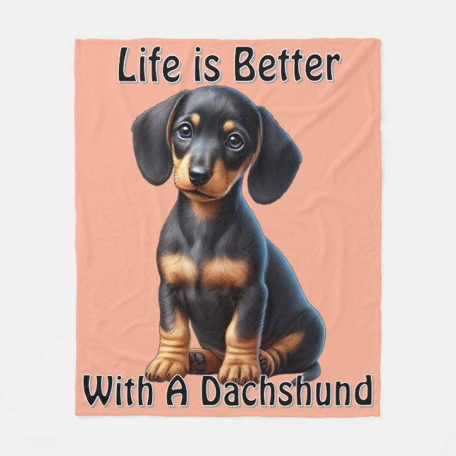 Dachshund Puppy Sitting and Looking with Innocent  Fleece Blanket (Front)
