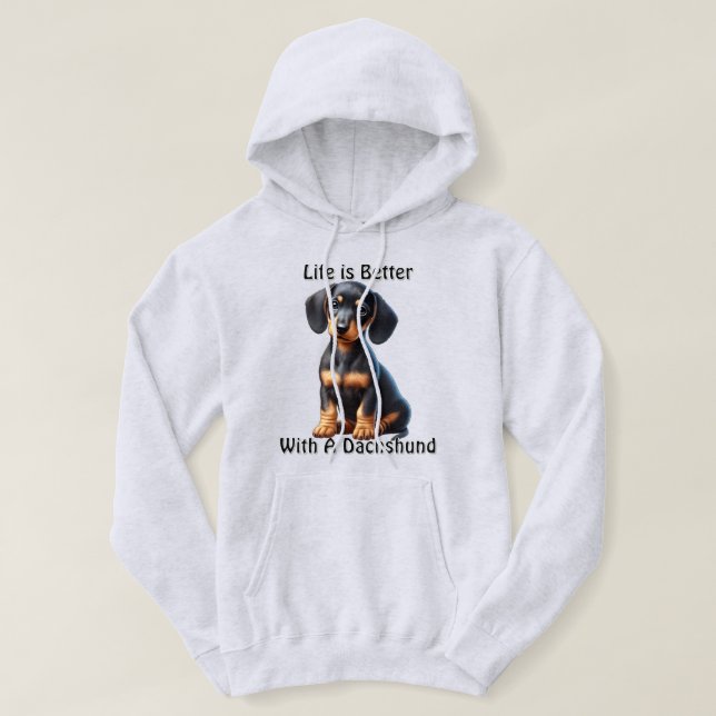 Dachshund Puppy Sitting and Looking with Innocent  Hoodie (Design Front)