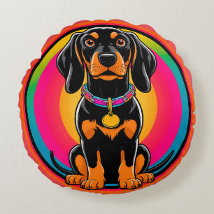 Dachshund Puppy Surrounded by Vibrant Rainbow Round Cushion