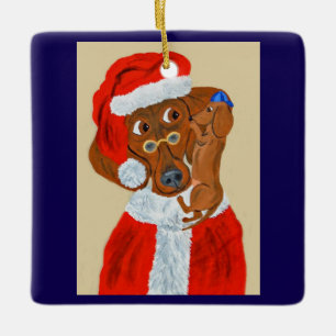 Dachshund Puppy telling Santa his Christmas wishes Ceramic Ornament