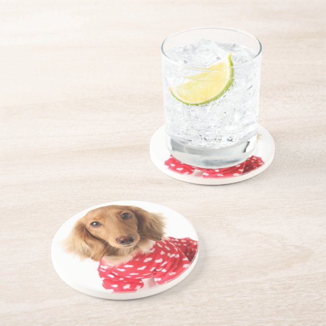 Dachshund Puppy Wearing Valentine's Outfit Coaster (Side)