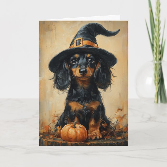 Dachshund Puppy Witch Holiday Card (Front)