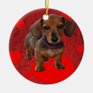DACHSHUND Puppy with Hearts Ceramic Tree Decoration