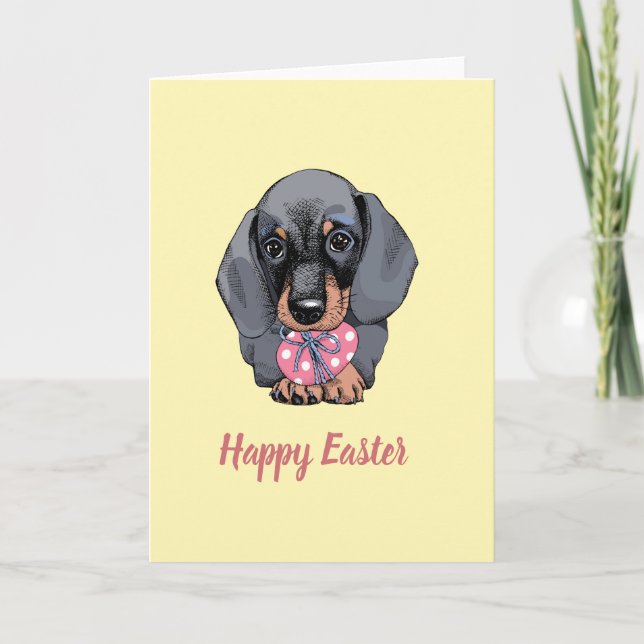Dachshund puppy yellow Easter card (Front)