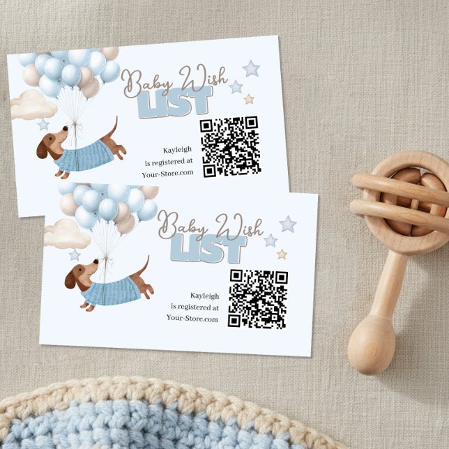 Dachshund QR Code Baby Registry Website Blue Enclosure Card (Baby Shower QR Code Registry cards. Dachshund and balloons design in blue and beige)