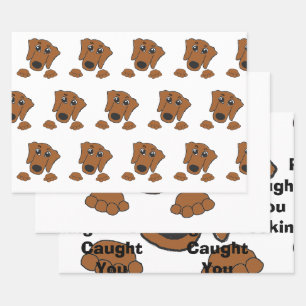 dachshund red peeking cartoon wrapping paper sheet