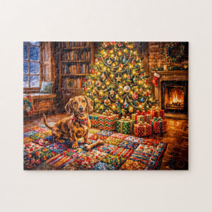 Dachshund Resting Beside Cosy Christmas Tree Firep Jigsaw Puzzle