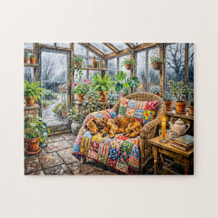 Dachshund Resting on Patchwork Chair Inside Greenh Jigsaw Puzzle