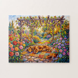 Dachshund Resting Under Floral Garden Pergola Path Jigsaw Puzzle