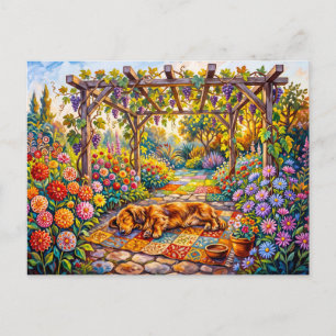 Dachshund Resting Under Floral Garden Pergola Path Postcard