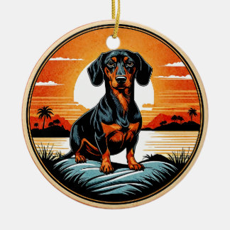 Dachshund Retro Sunset Dog Lover Ceramic Tree Decoration