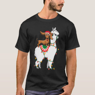 Dachshund Riding Llama Lights Santa Christmas Paj T-Shirt