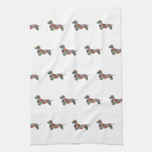 Dachshund Rough Coated Geo Silhouette Plaid Tea Towel