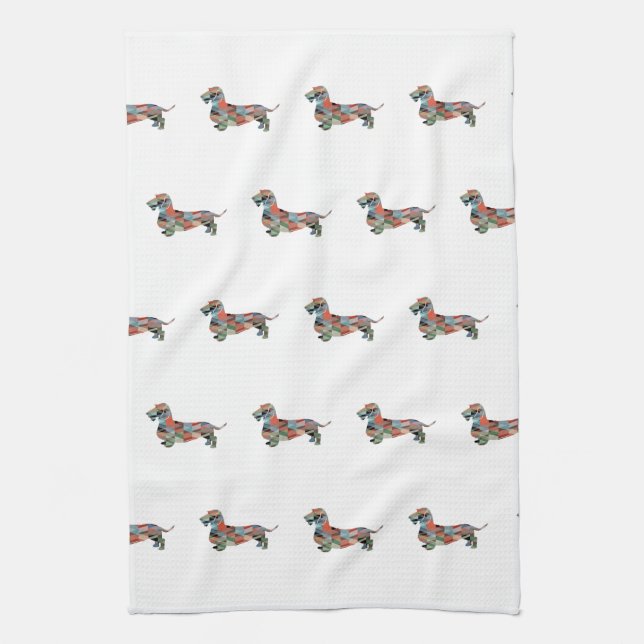 Dachshund Rough Coated Geo Silhouette Plaid Tea Towel (Vertical)