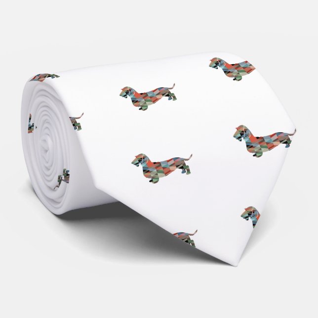 Dachshund Rough Coated Geo Silhouette Plaid Tie (Rolled)