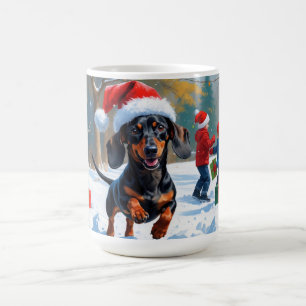 Dachshund Running in Snow with Christmas Hat Coffee Mug