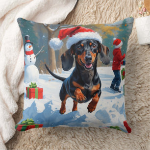 Dachshund Running in Snow with Christmas Hat Cushion