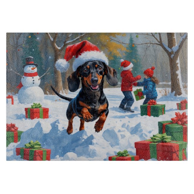 Dachshund Running in Snow with Christmas Hat Cutting Board (Front)