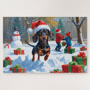 Dachshund Running in Snow with Christmas Hat Jigsaw Puzzle