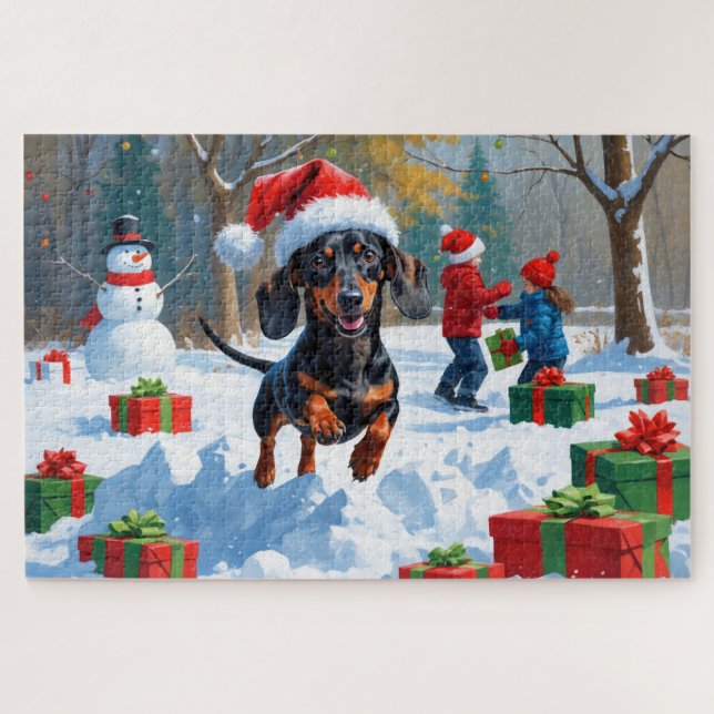 Dachshund Running in Snow with Christmas Hat Jigsaw Puzzle (Horizontal)