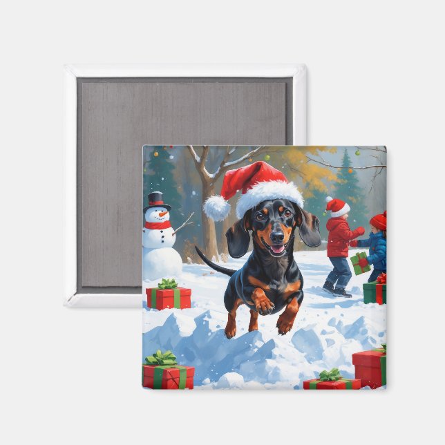 Dachshund Running in Snow with Christmas Hat Magnet (Front/Back)