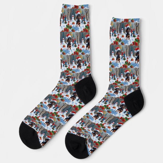 Dachshund Running in Snow with Christmas Hat Socks (Left)