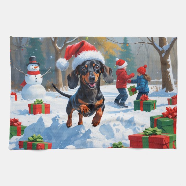 Dachshund Running in Snow with Christmas Hat Tea Towel (Horizontal)