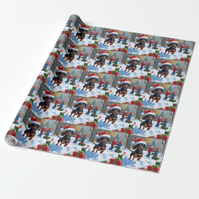 Dachshund Running in Snow with Christmas Hat Wrapping Paper (Unrolled)