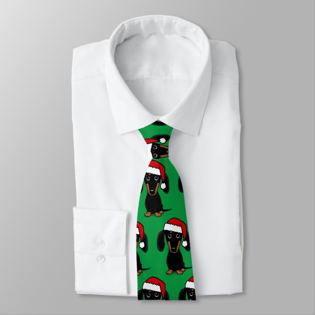 Dachshund Santa Black and Tan Wiener Dog Christmas Tie (Tied)