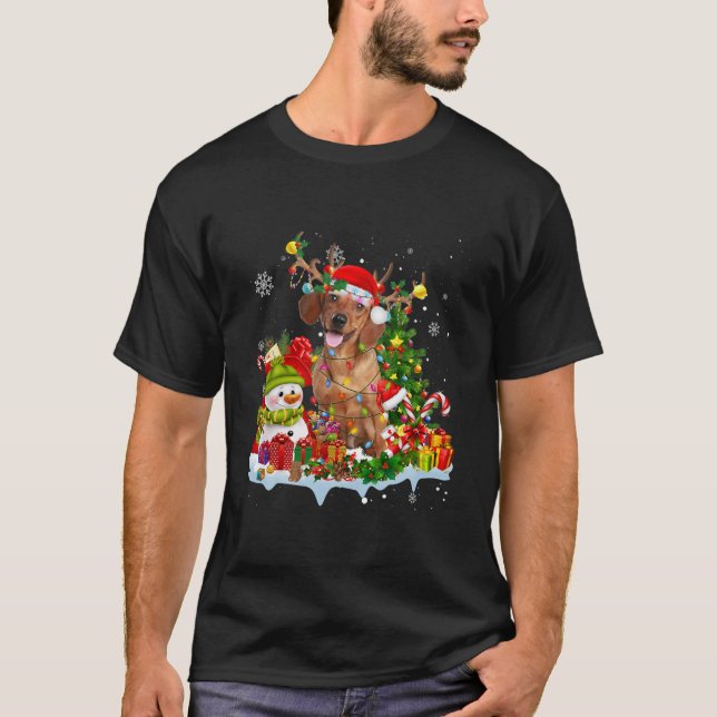 Dachshund Santa Hat Reindeer Christmas Lights T-Shirt (Front)
