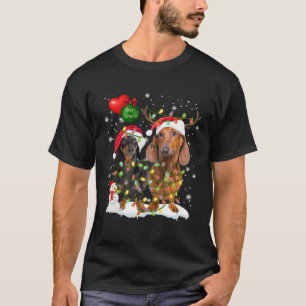 Dachshund  Santa Light Reindeer Hat in Snow Christ T-Shirt