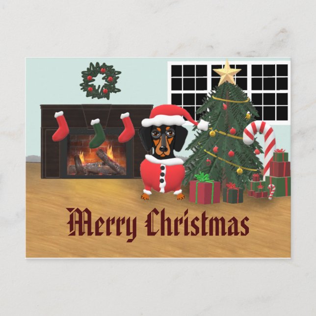 Dachshund Santa Merry Christmas Scene Postcard (Front)