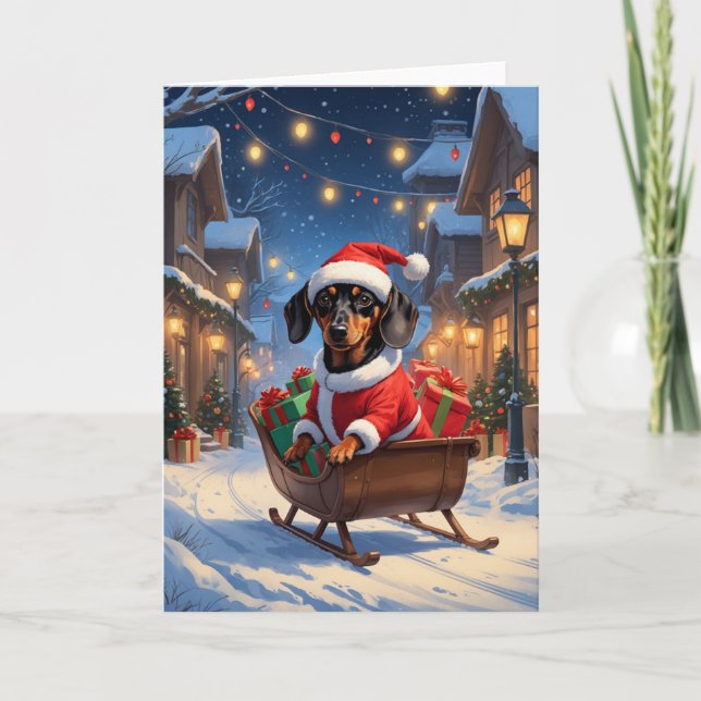 Dachshund Santa Sleigh Christmas Art Card (Front)