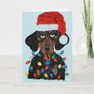 Dachshund Santa Tangled In Christmas Lights Card