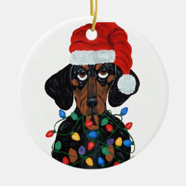 Dachshund Santa Tangled In Christmas Lights Ceramic Tree Decoration (Front)