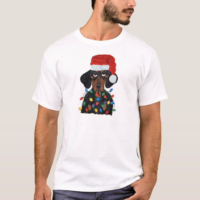 Dachshund Santa Tangled In Christmas Lights T-Shirt (Front)