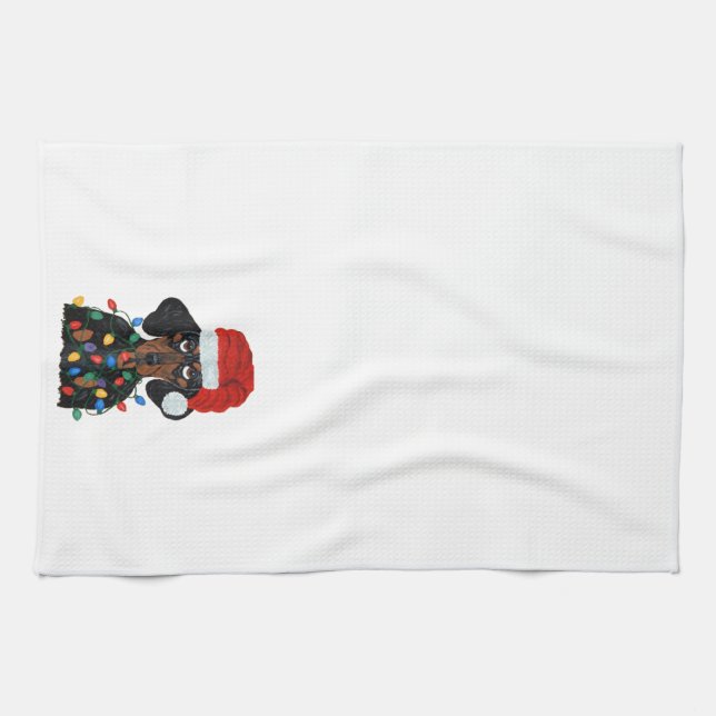 Dachshund Santa Tangled In Christmas Lights Tea Towel (Horizontal)