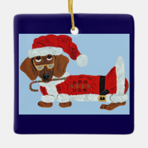 Dachshund Santa with a Candy Cane Ceramic Ornament
