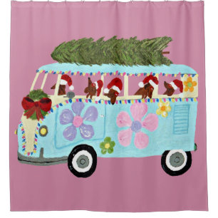 Dachshund Santa's In Their Merry Christmas Van Shower Curtain