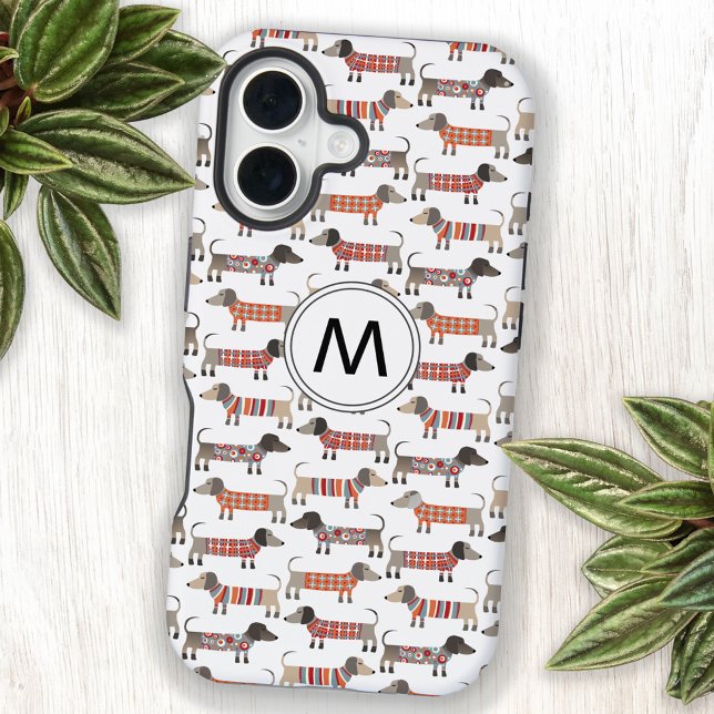 Dachshund Sausage Dog Monogram Initial iPhone 16 Case (Fun Dachshund Wiener Sausage dog pattern monogram initial personalized cell phone case)