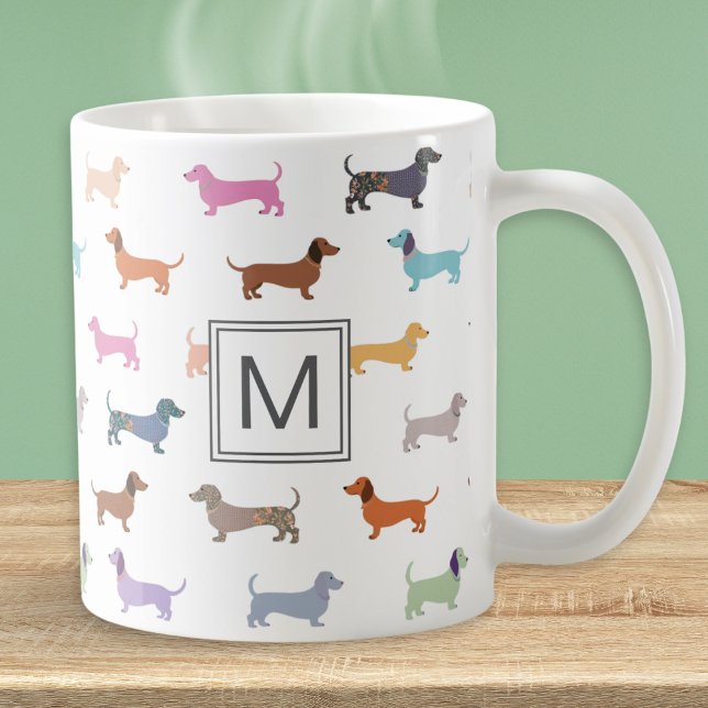 Dachshund Sausage Dog Multicolor Patterned Coffee Mug (A monogrammed mug with a cute and colorful pattern of dachshunds)