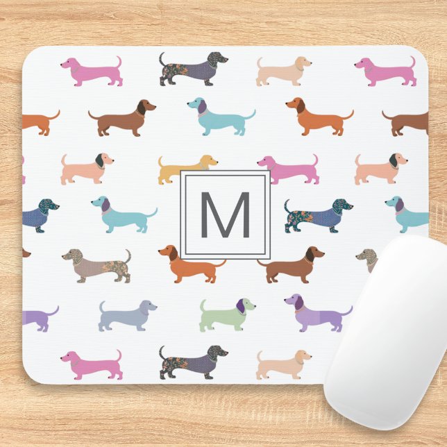 Dachshund Sausage Dog Pattern Cute Colourful Mouse Mat (A monogrammed mouse mat with cute multicolor pattern of dachshunds)