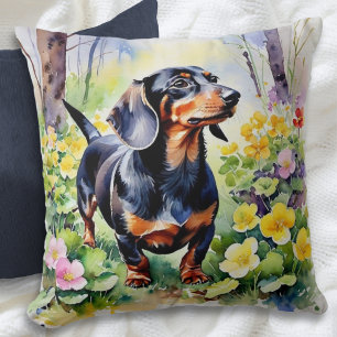 Dachshund Sausage Dog Woodland Flowers Watercolor Cushion