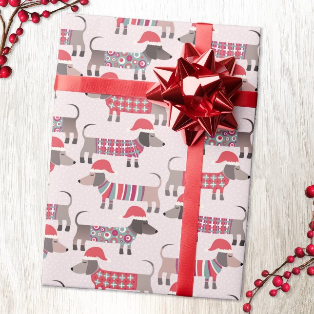 Dachshund Sausage Dogs in Christmas Hats and Knits Wrapping Paper (Fun Christmas Dachshund Wiener Sausage dog pattern holiday wrapping paper.)