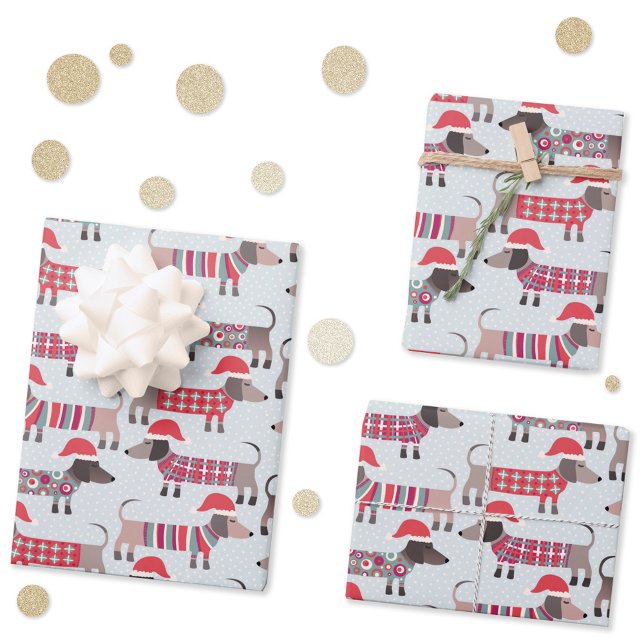 Dachshund Sausage Dogs in Christmas Hats and Knits Wrapping Paper Sheet (Fun Christmas Dachshund Wiener Sausage dog pattern holiday gift wrapping paper sheets)