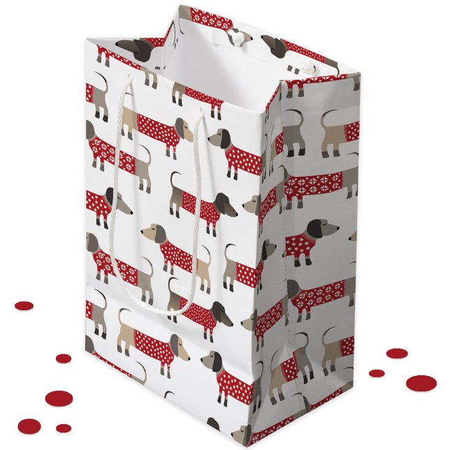Dachshund Sausage Wiener Dog Holiday Medium Gift Bag (Gift bag featuring festive Dachshund Sausage Wiener Dogs in red and white knitwear)