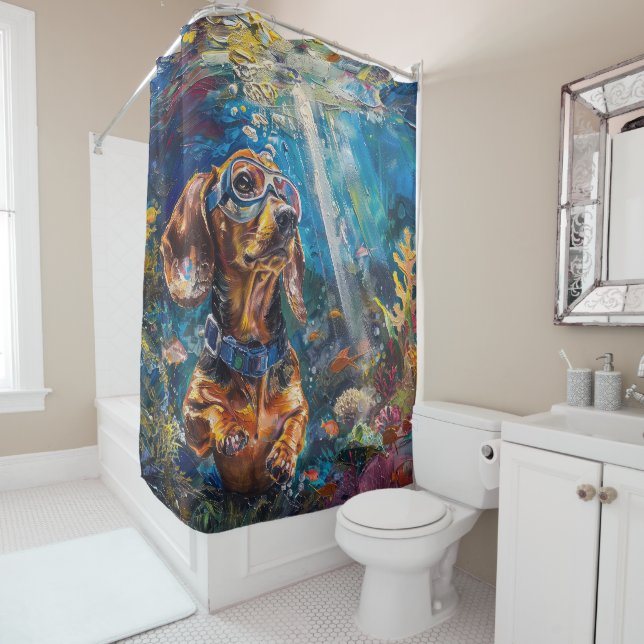 Dachshund Scuba Diving Underwater Shower Curtain (In Situ)