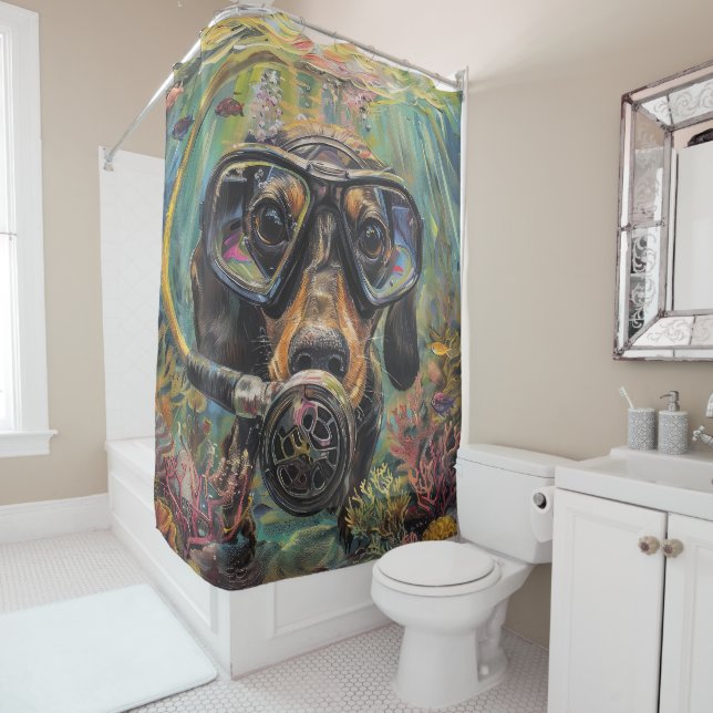 Dachshund Scuba Diving Underwater Shower Curtain (In Situ)